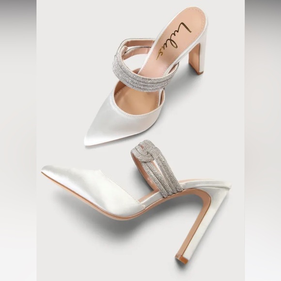 Lulu’s Celines White Satin Rhinestone Pointed-Toe Mule Pumps. Sz: 7 - Picture 5 of 15